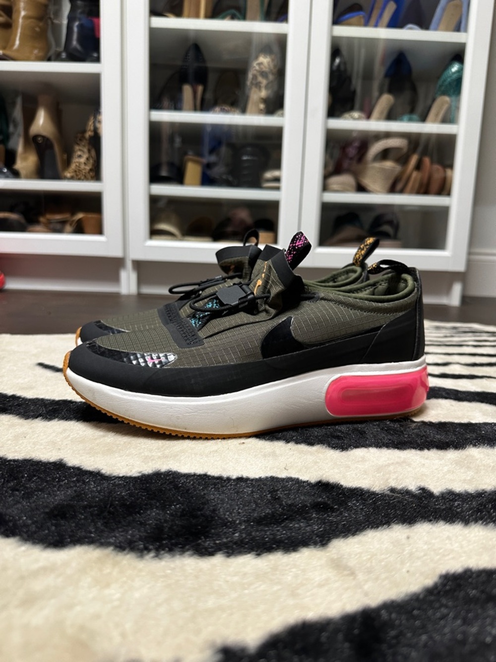 Nike Air Max Women's Olive Green Slip-On Sneakers with Black & Pink Accents